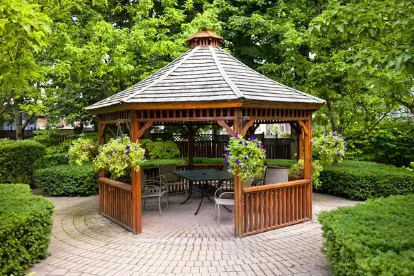 Outdoor gazebo providing shade and shelter for an outdoor living space